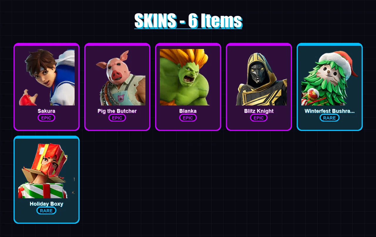 [PC/XBOX/PSN] | Sakura | Pig the Butcher | Blanka | Blitz Knight | Winterfest Bushranger | 6 skin | 17 pickaxe | 7 emote | 14 glider | Lv152