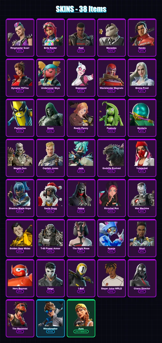 [SWITCH/XBOX/PSN/PC] | Ringmaster Scarr | Brite Raider | Rust | Meowdas | Kendo | 38 skin | 81 pickaxe | 52 emote | 57 glider | Lv1229
