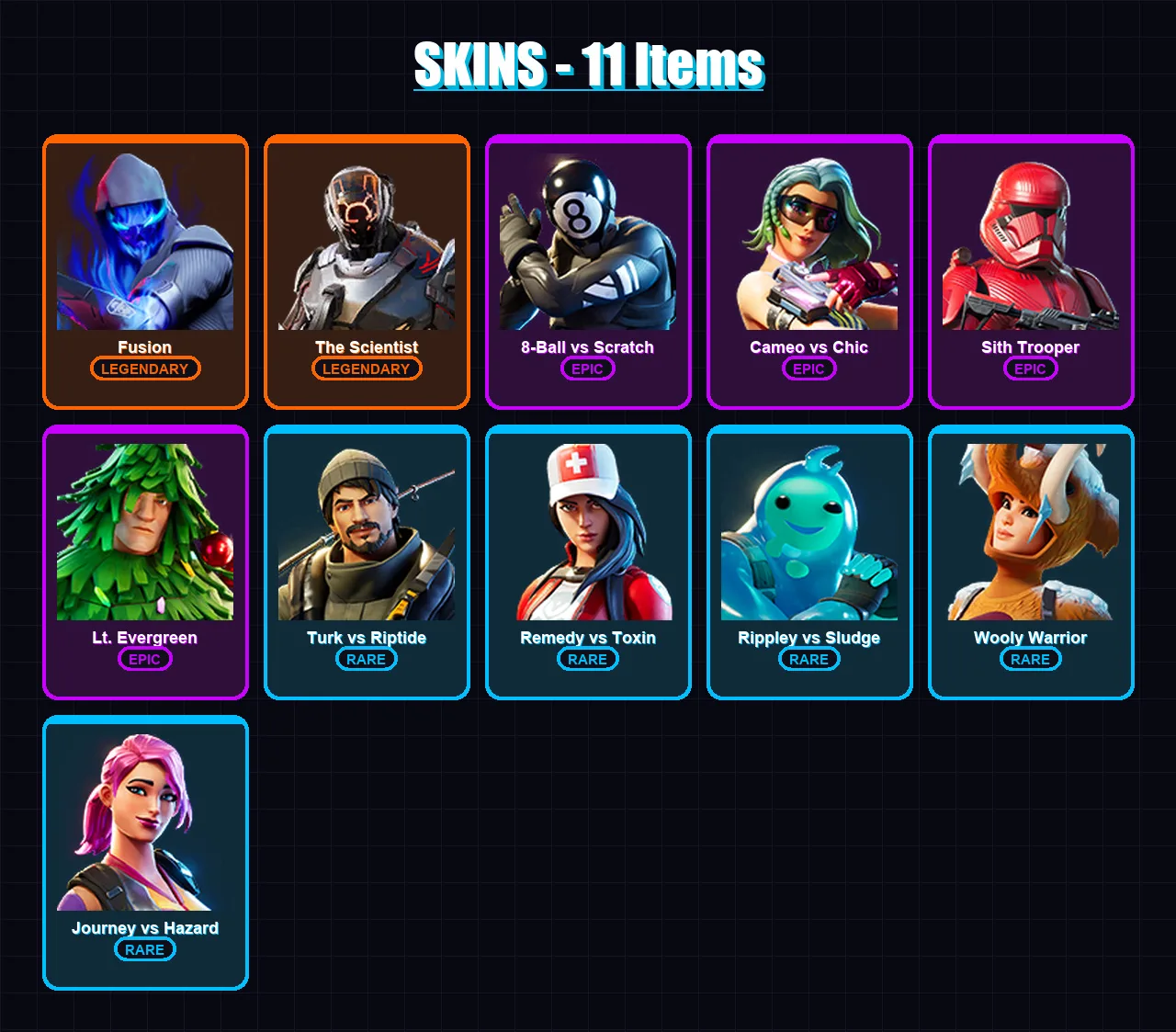 [PC/XBOX/PSN] | Fusion | The Scientist | 8-Ball vs Scratch | Cameo vs Chic | Sith Trooper | 11 skin | 11 pickaxe | 15 emote | 13 glider | Lv202