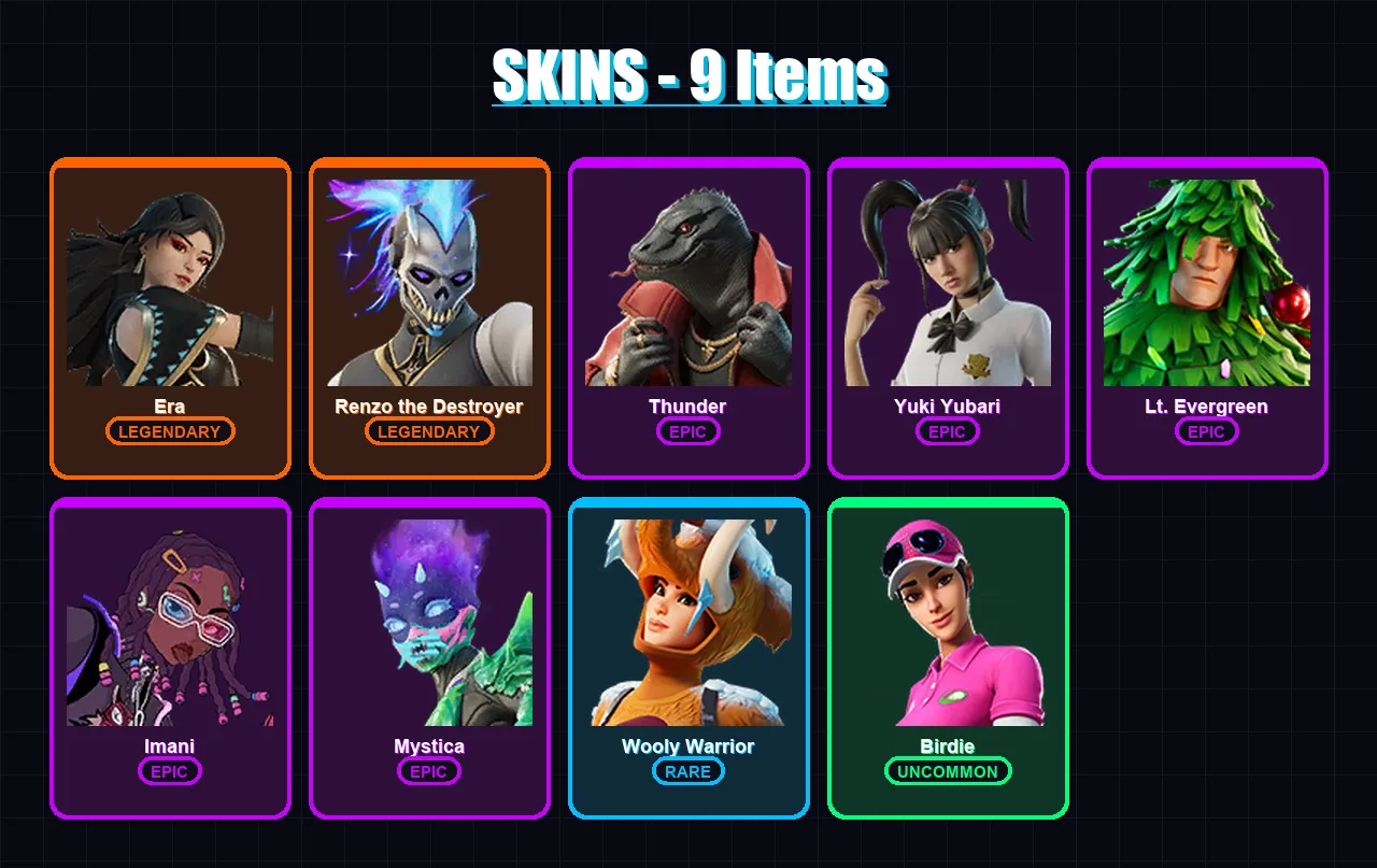 [PC/XBOX/PSN] | Era | Renzo the Destroyer | Thunder | Yuki Yubari | Lt. Evergreen | 9 skin | 21 pickaxe | 18 emote | 22 glider | Lv281