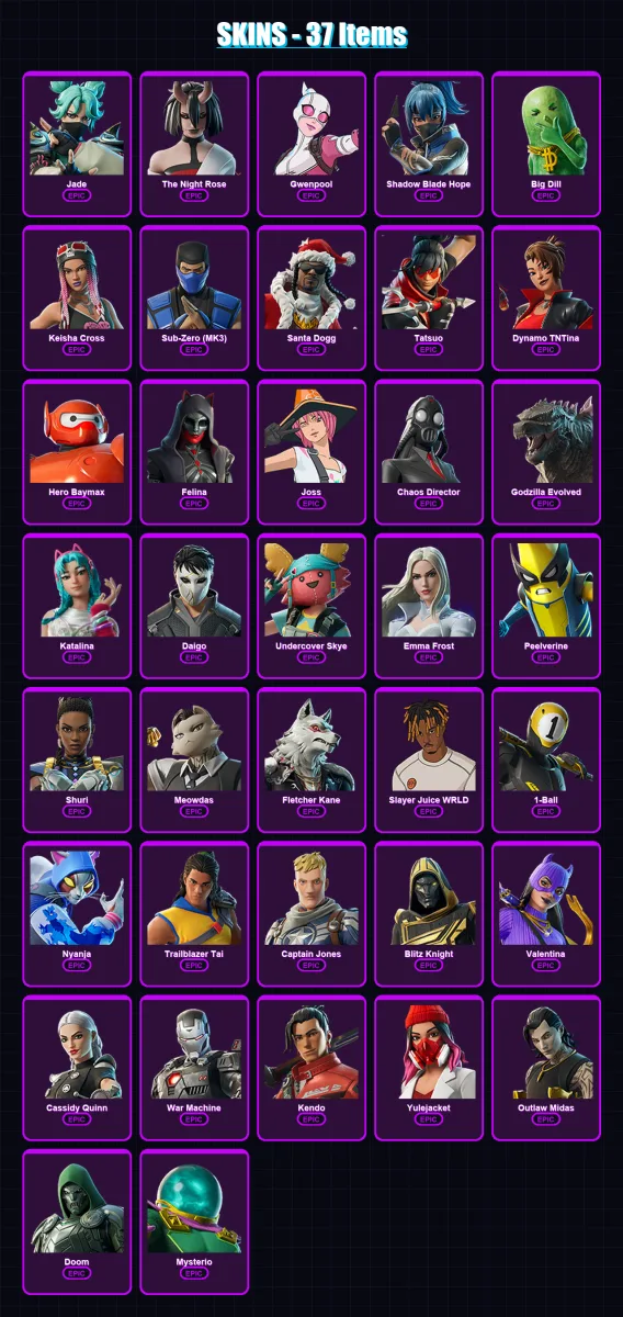 [PC/XBOX/PSN] | Jade | The Night Rose | Gwenpool | Shadow Blade Hope | Big Dill | 37 skin | 62 pickaxe | 38 emote | 44 glider | Lv628