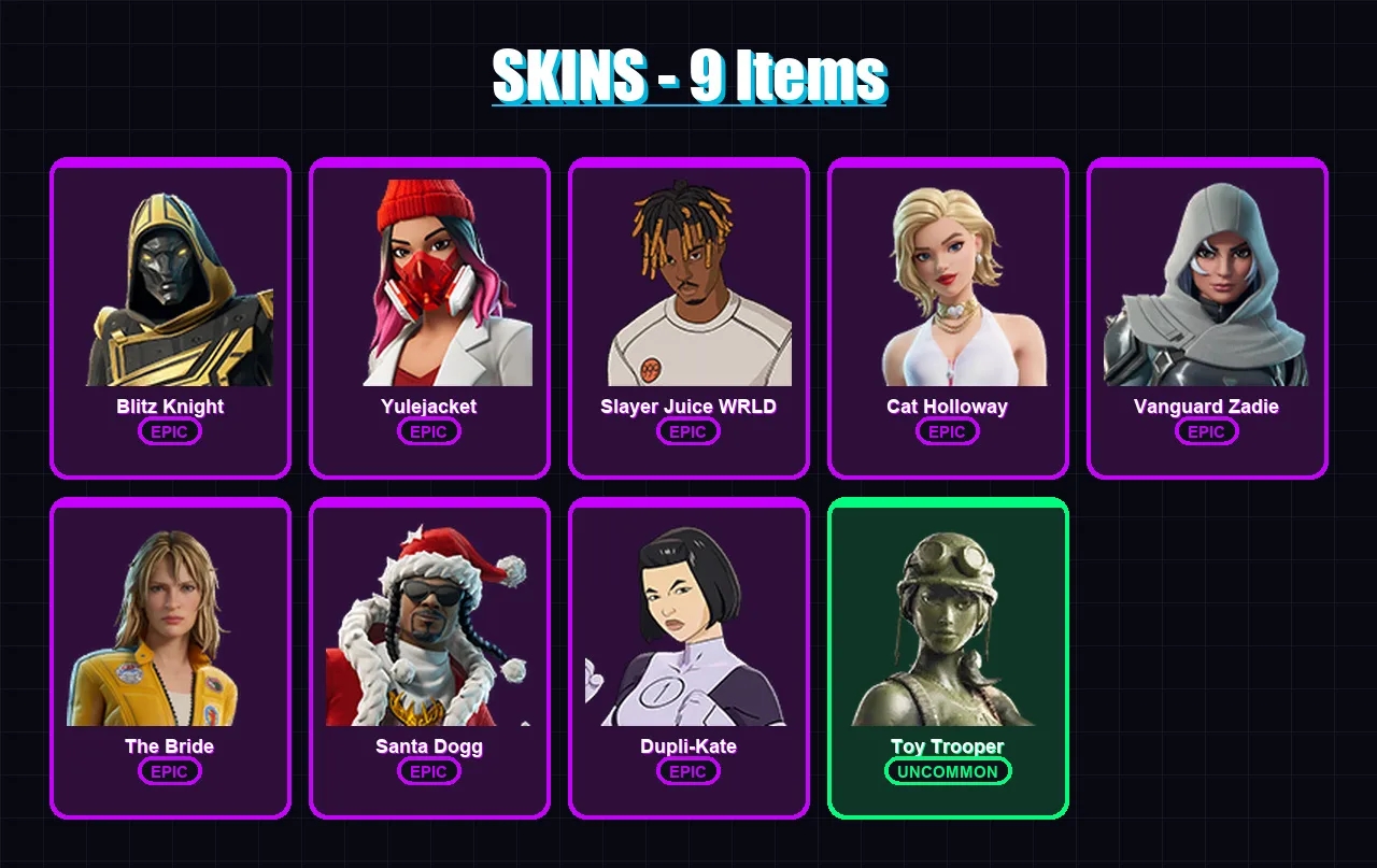 [PS4/PS5/XBOX/PC] | Blitz Knight | Yulejacket | Slayer Juice WRLD | Cat Holloway | Vanguard Zadie | 9 skin | 51 pickaxe | 20 emote | 33 glider | Lv6