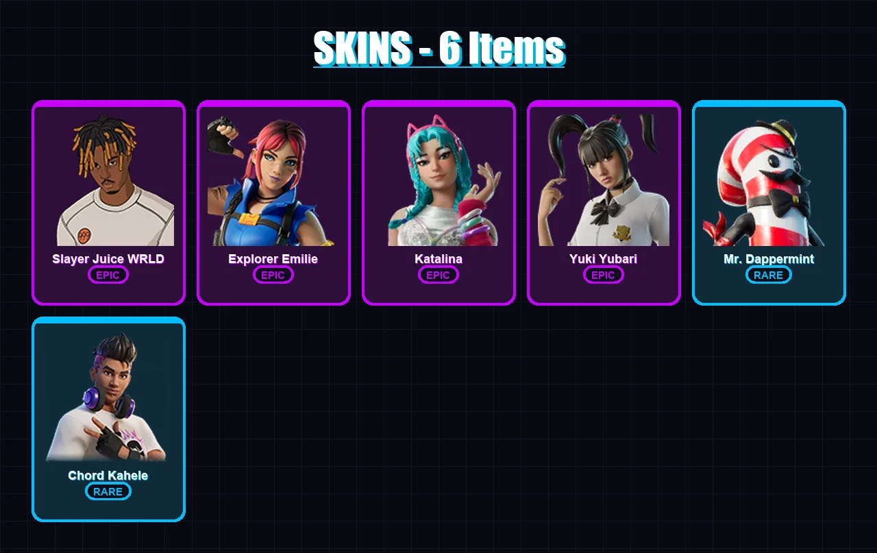 [PC/XBOX/PSN] | Slayer Juice WRLD | Explorer Emilie | Katalina | Yuki Yubari | Mr. Dappermint | 6 skin | 30 pickaxe | 12 emote | 18 glider | Lv269
