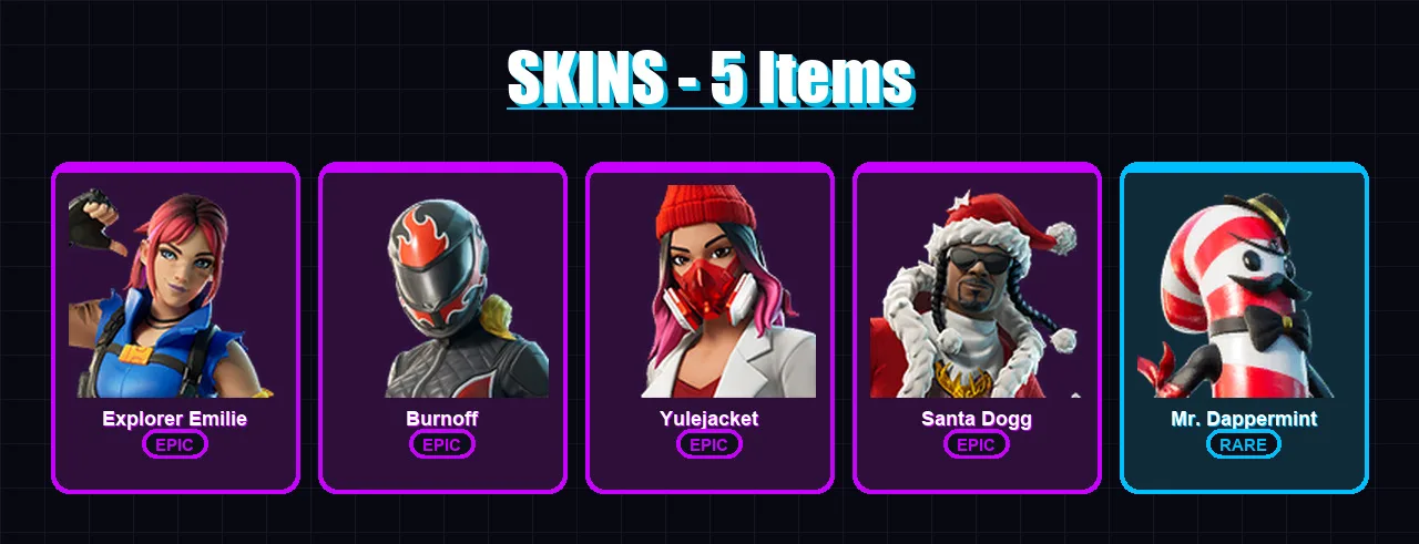 [PC/PSN] | Explorer Emilie | Burnoff | Yulejacket | Santa Dogg | Mr. Dappermint | 5 skin | 7 pickaxe | 2 emote | 6 glider | Lv47