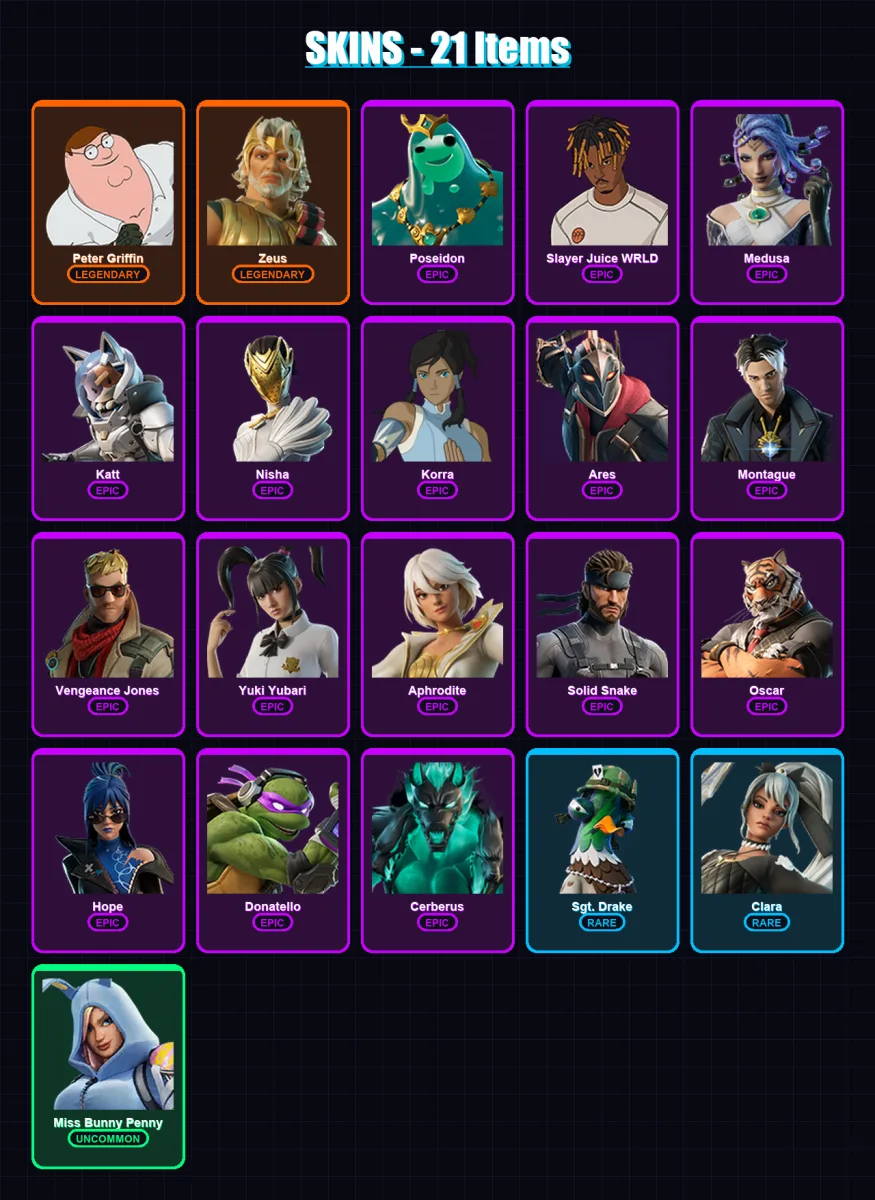 [PC/XBOX/PSN] | Peter Griffin | Zeus | Poseidon | Slayer Juice WRLD | Medusa | 21 skin | 61 pickaxe | 37 emote | 43 glider | Lv467