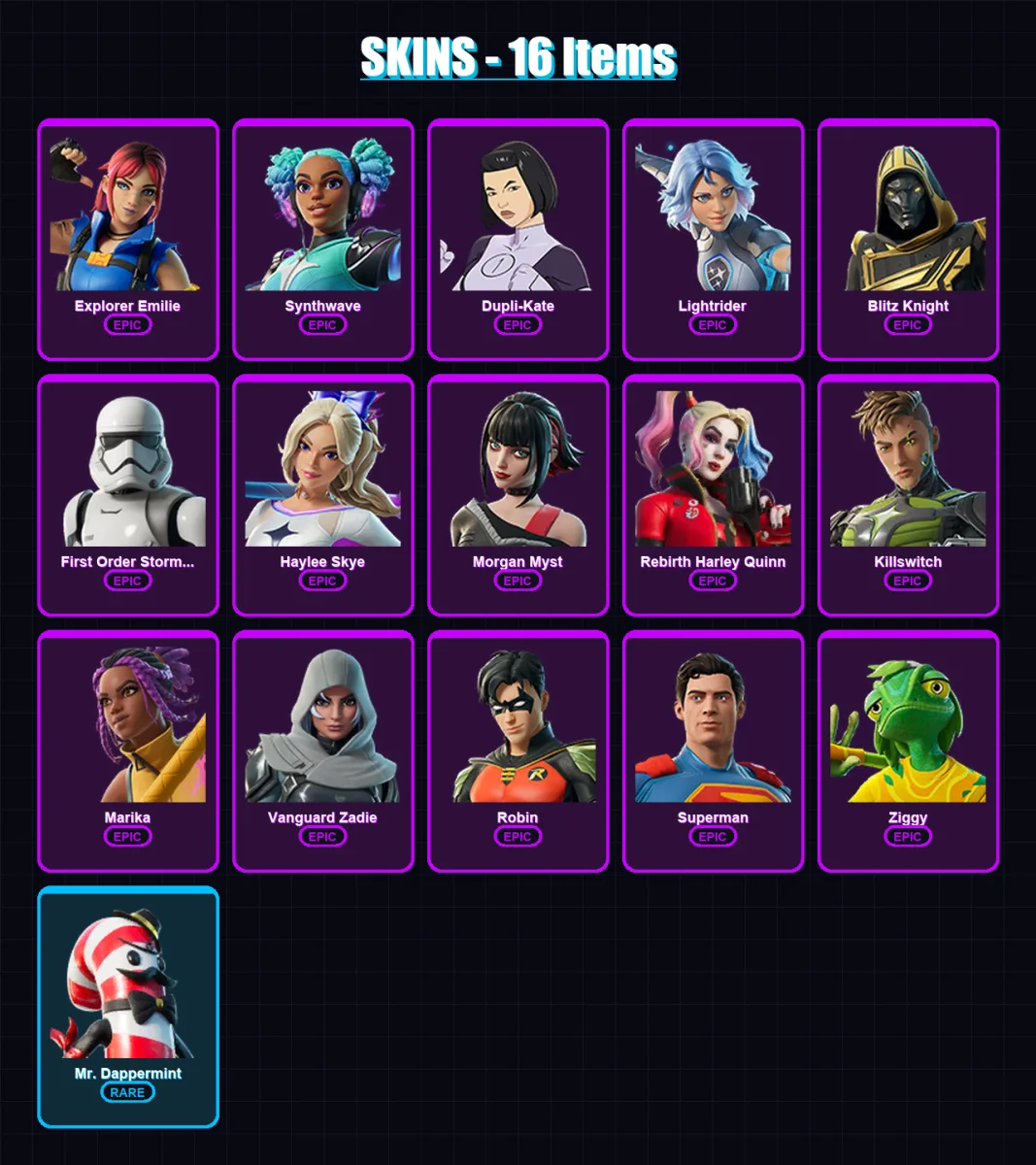 [PC/XBOX/PSN] | Explorer Emilie | Synthwave | Dupli-Kate | Lightrider | Blitz Knight | 16 skin | 36 pickaxe | 16 emote | 28 glider | Lv411