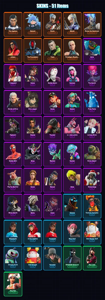 [PC/PSN] | The Ageless | Nezumi | Ronin | Mizuki | Renzo the Destroyer | 51 skin | 110 pickaxe | 71 emote | 79 glider | Lv1446