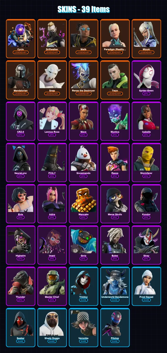 [PC/PSN] | Cyclo | Driftwalker | Malik | Paradigm (Reality-659) | Mizuki | 39 skin | 53 pickaxe | 38 emote | 47 glider | Lv753