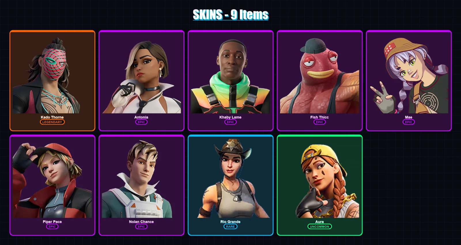 [PC/XBOX/PSN] | Kado Thorne | Antonia | Khaby Lame | Fish Thicc | Mae | 9 skin | 28 pickaxe | 26 emote | 33 glider | Lv569