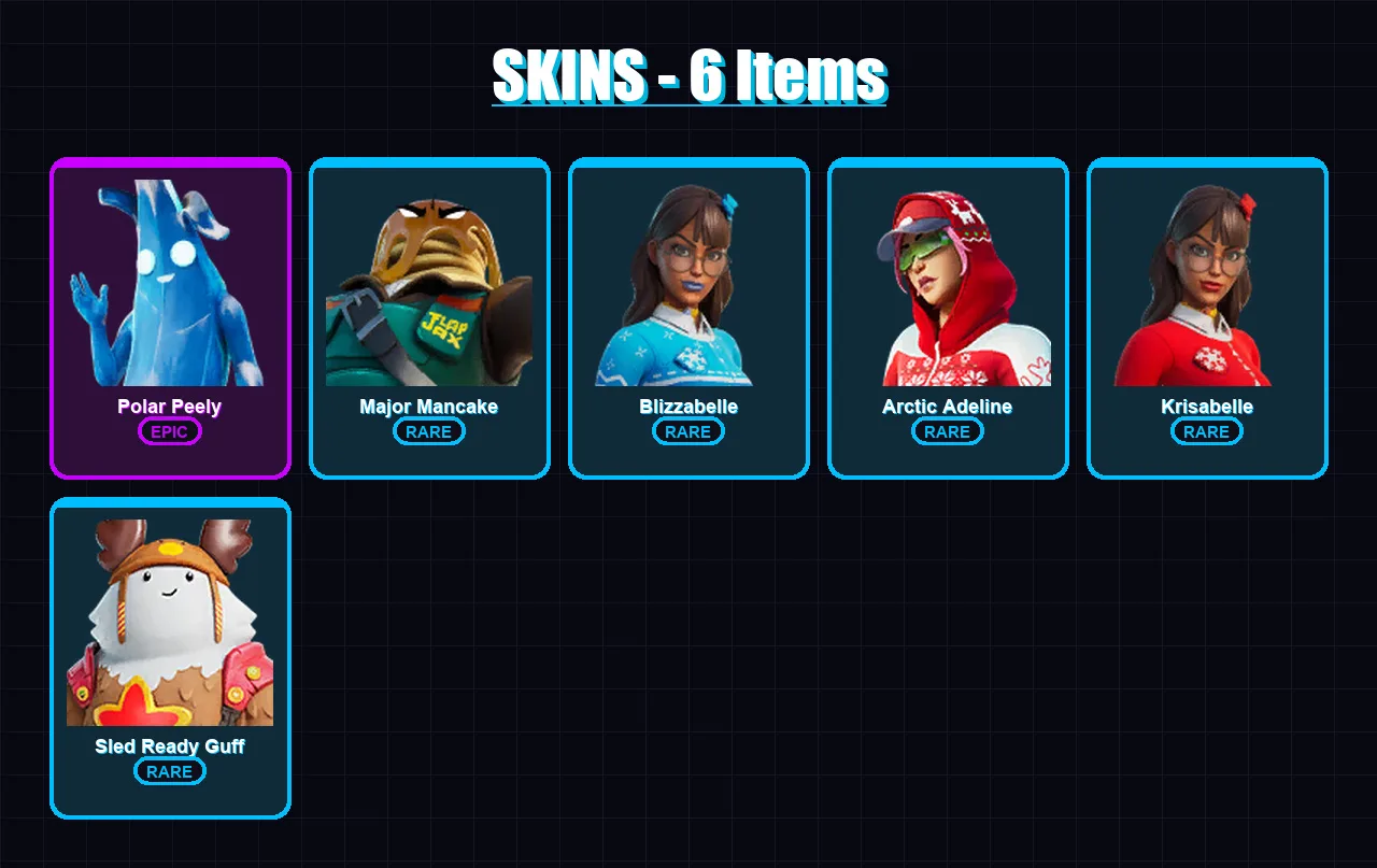 [PC/XBOX/PSN] | Polar Peely | Major Mancake | Blizzabelle | Arctic Adeline | Krisabelle | 6 skin | 9 pickaxe | 6 emote | 7 glider | Lv61