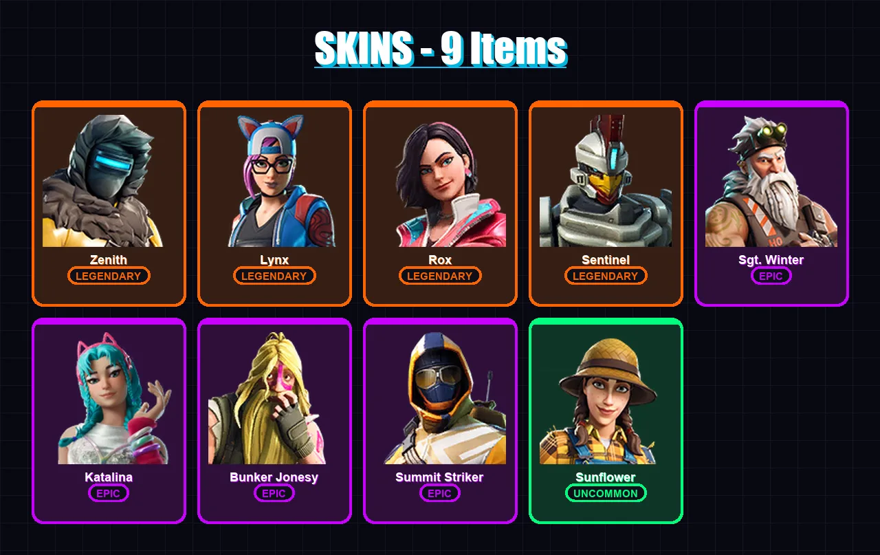 [PC/XBOX] | Zenith | Lynx | Rox | Sentinel | Sgt. Winter | 9 skin | 13 pickaxe | 18 emote | 14 glider | Lv221