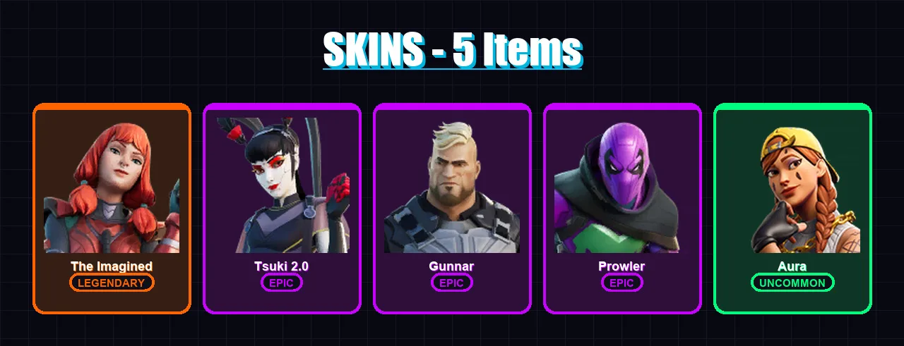 [PC/XBOX/PSN] | The Imagined | Tsuki 2.0 | Gunnar | Prowler | Aura | 5 skin | 9 pickaxe | 9 emote | 10 glider | Lv127