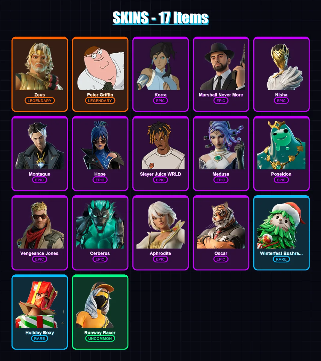 [PC/XBOX/PSN] | Zeus | Peter Griffin | Korra | Marshall Never More | Nisha | 17 skin | 26 pickaxe | 19 emote | 21 glider | Lv222