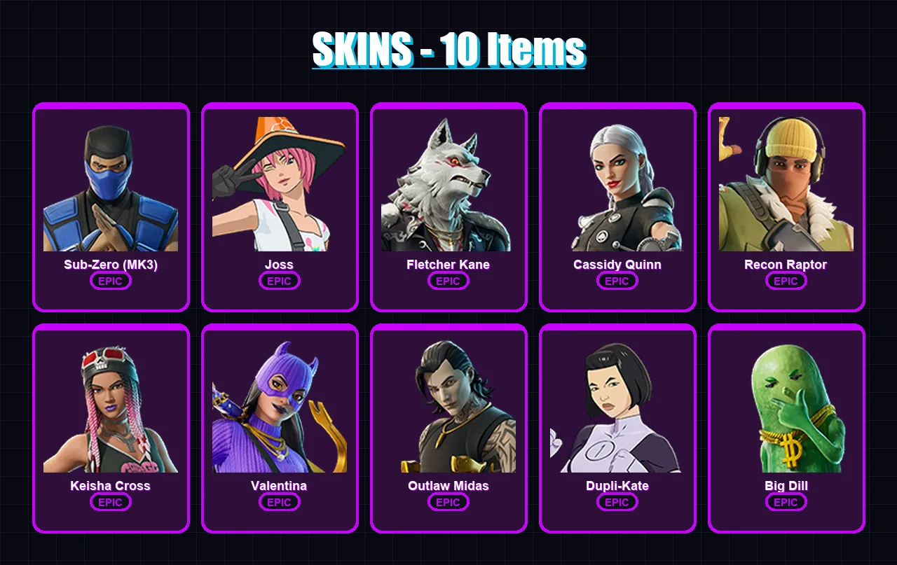 [PC/XBOX/PSN] | Sub-Zero (MK3) | Joss | Fletcher Kane | Cassidy Quinn | Recon Raptor | 10 skin | 18 pickaxe | 12 emote | 15 glider | Lv131