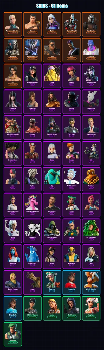 [PC] | Paradigm (Reality-659) | Menace | Torin | Eternal Knight | Mandalorian | 61 skin | 77 pickaxe | 62 emote | 73 glider | Lv1477