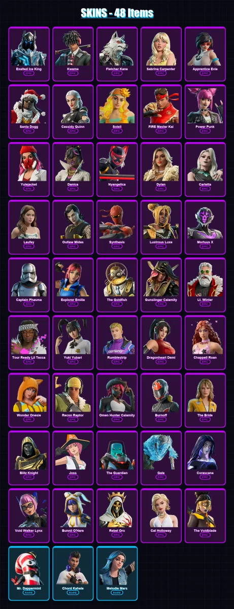 [PC/PSN] | Exalted Ice King | Kwame | Fletcher Kane | Sabrina Carpenter | Apprentice Evie | 48 skin | 51 pickaxe | 20 emote | 22 glider | Lv110
