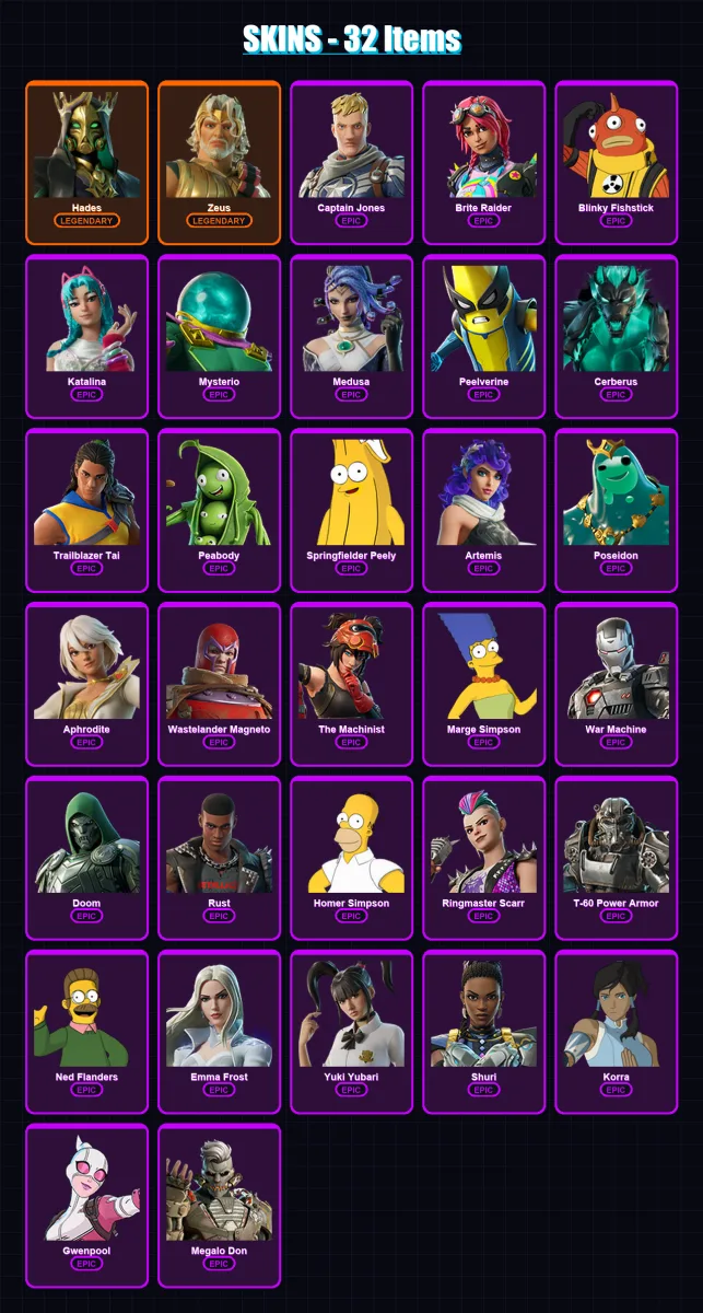 [PS4/PS5/XBOX/PC] | Hades | Zeus | Captain Jones | Brite Raider | Blinky Fishstick | 32 skin | 72 pickaxe | 45 emote | 61 glider | Lv872