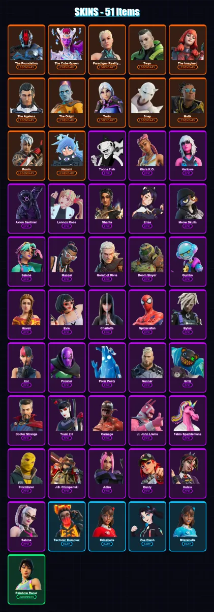 [PC/XBOX] | The Foundation | The Cube Queen | Paradigm (Reality-659) | Twyn | The Imagined | 51 skin | 54 pickaxe | 36 emote | 53 glider | Lv732