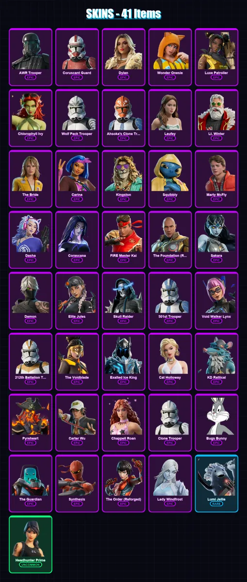 [PC/XBOX/PSN] | AWR Trooper | Coruscant Guard | Dylan | Wonder Onesie | Luxe Patroller | 41 skin | 44 pickaxe | 28 emote | 29 glider | Lv365
