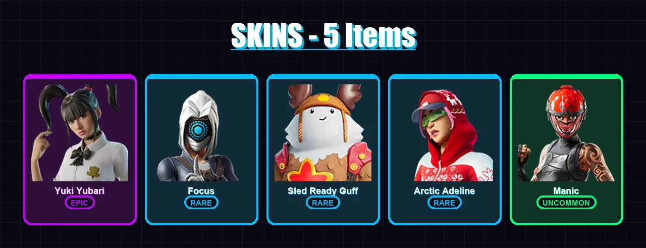 [PS4/PS5/XBOX/PC] | Yuki Yubari | Focus | Sled Ready Guff | Arctic Adeline | Manic | 5 skin | 23 pickaxe | 15 emote | 23 glider | Lv425