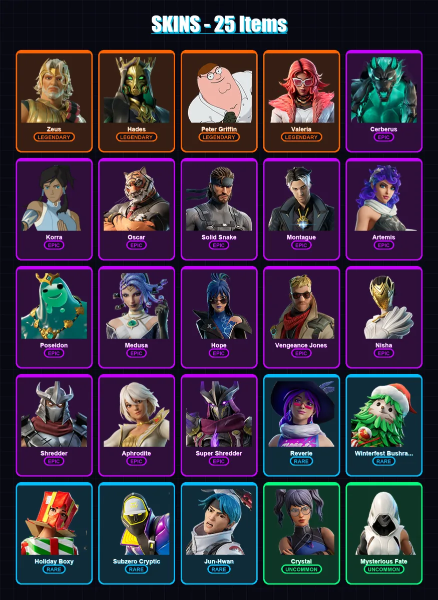 [PS4/PS5/XBOX/PC] | Zeus | Hades | Peter Griffin | Valeria | Cerberus | 25 skin | 35 pickaxe | 25 emote | 26 glider | Lv413