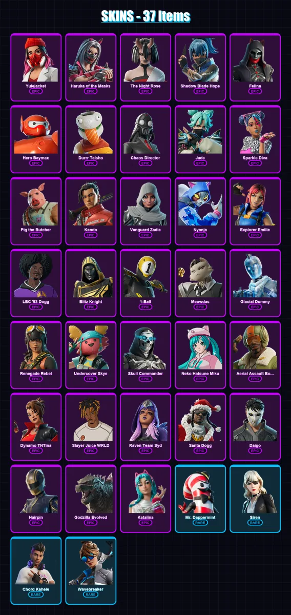 [PC/XBOX/PSN] | Yulejacket | Haruka of the Masks | The Night Rose | Shadow Blade Hope | Felina | 37 skin | 89 pickaxe | 46 emote | 53 glider | Lv755