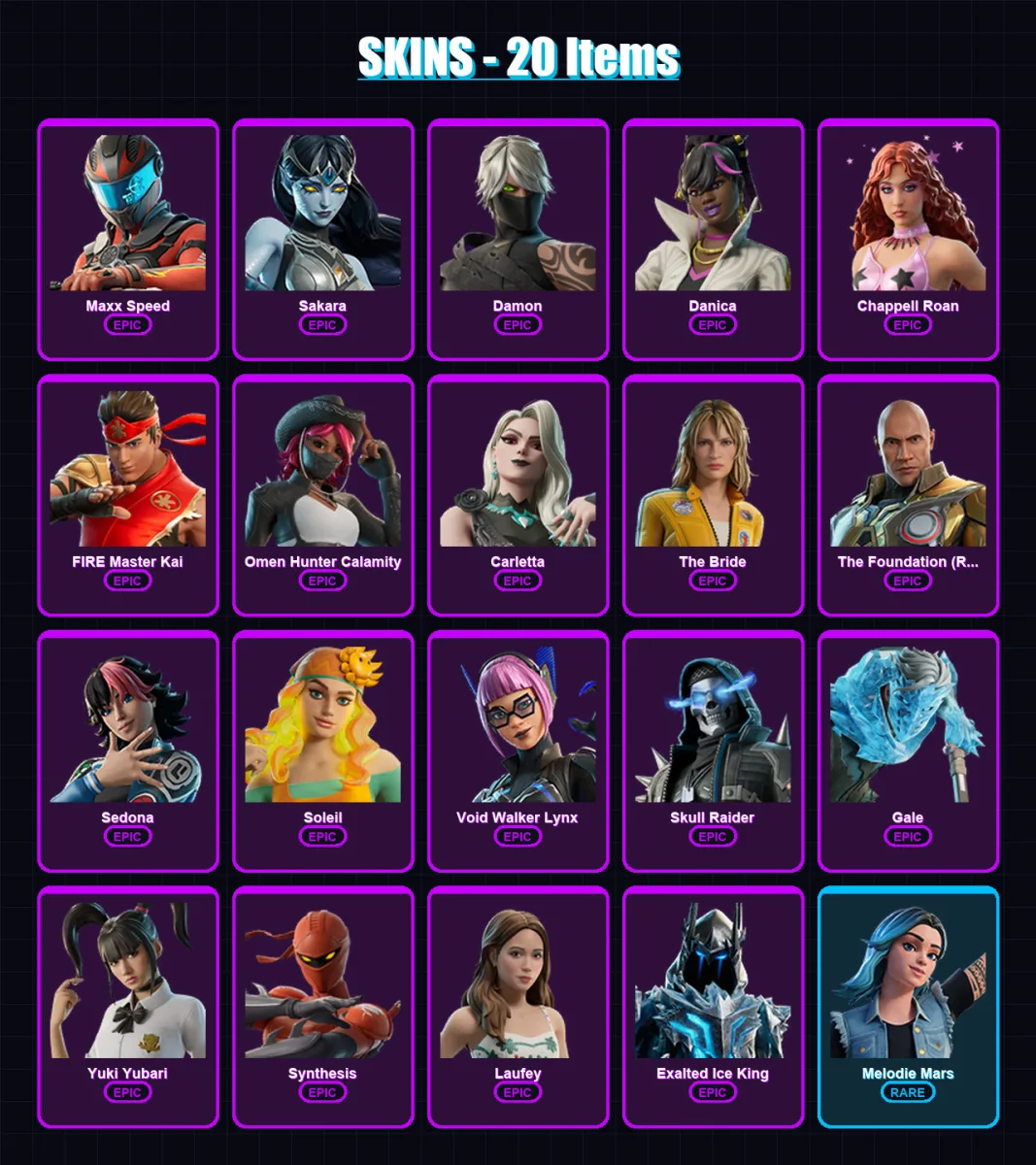 [PC/PSN] | Maxx Speed | Sakara | Damon | Danica | Chappell Roan | 20 skin | 15 pickaxe | 6 emote | 7 glider | Lv26