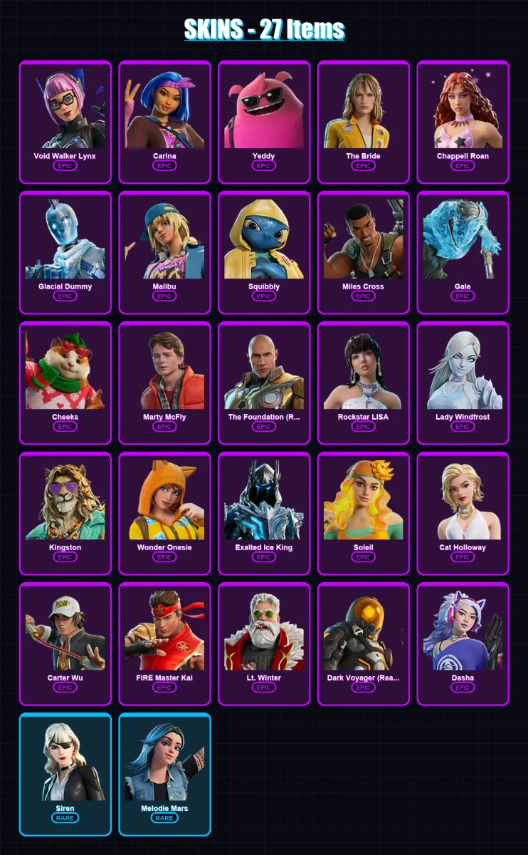 [PC/PSN] | Void Walker Lynx | Carina | Yeddy | The Bride | Chappell Roan | 27 skin | 37 pickaxe | 22 emote | 26 glider | Lv172
