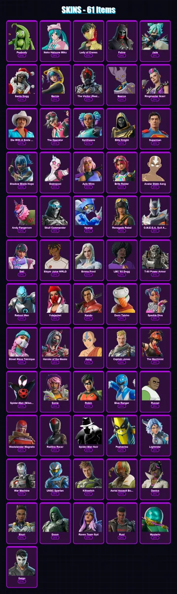 [PC/PSN] | Peabody | Neko Hatsune Miku | Lady of Cranes | Felina | Jade | 61 skin | 77 pickaxe | 50 emote | 46 glider | Lv460