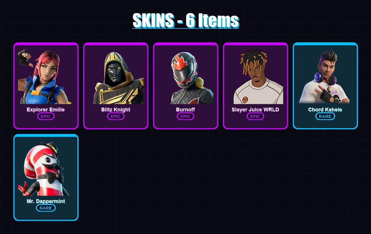 [PS4/PS5/XBOX/PC] | Explorer Emilie | Blitz Knight | Burnoff | Slayer Juice WRLD | Chord Kahele | 6 skin | 19 pickaxe | 10 emote | 15 glider | Lv134