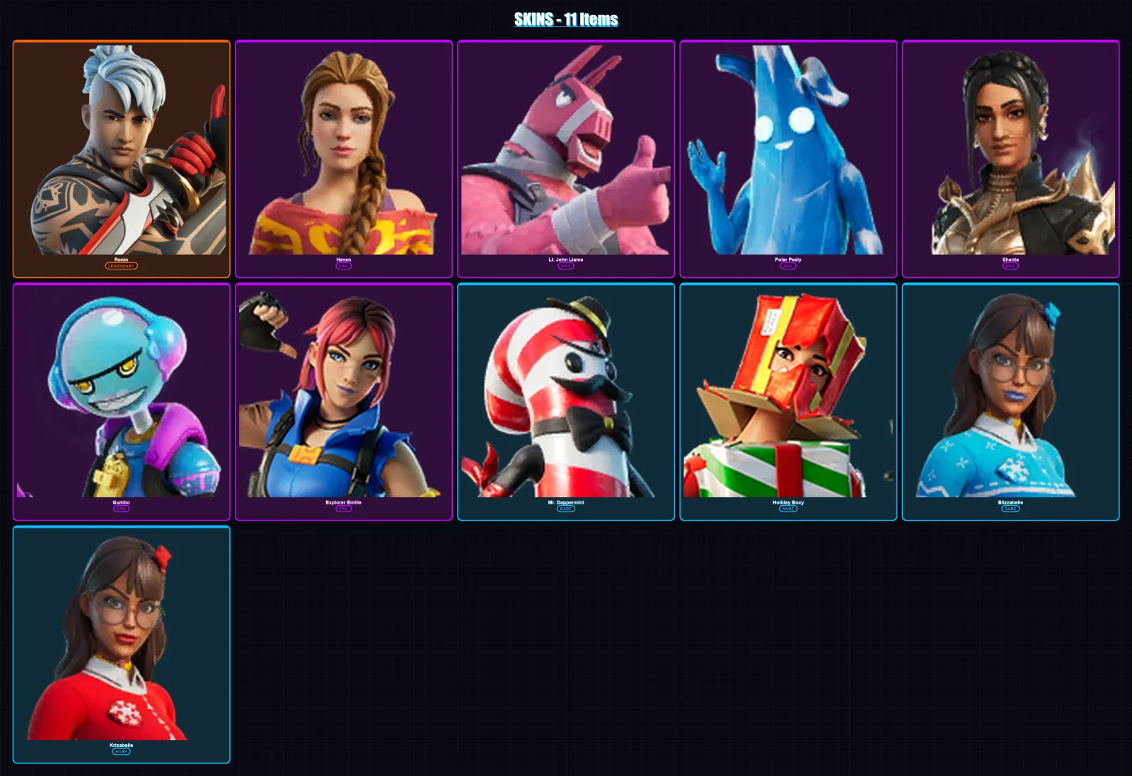 [PC/XBOX/PSN] | Ronin | Haven | Lt. John Llama | Polar Peely | Shanta | 11 skin | 12 pickaxe | 7 emote | 13 glider | Lv153