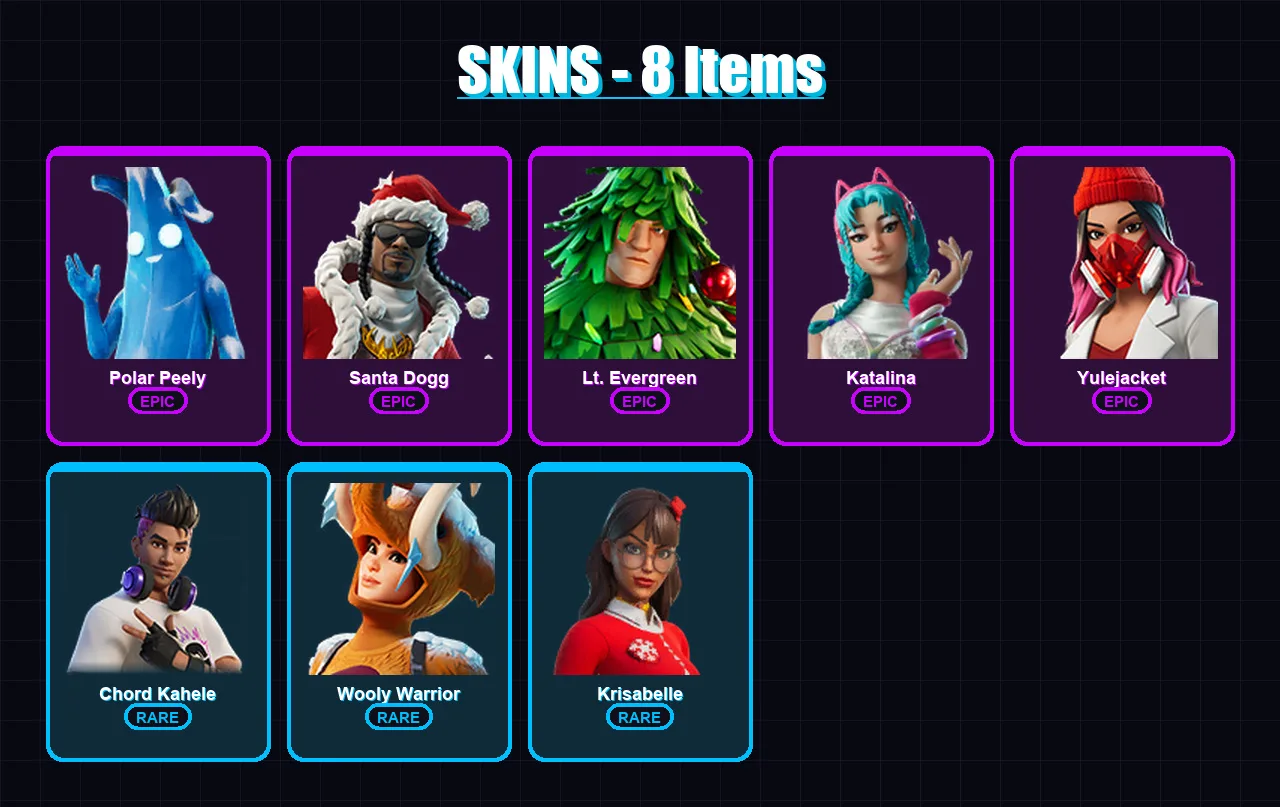 [PC/XBOX] | Polar Peely | Santa Dogg | Lt. Evergreen | Katalina | Yulejacket | 8 skin | 35 pickaxe | 11 emote | 18 glider | Lv242