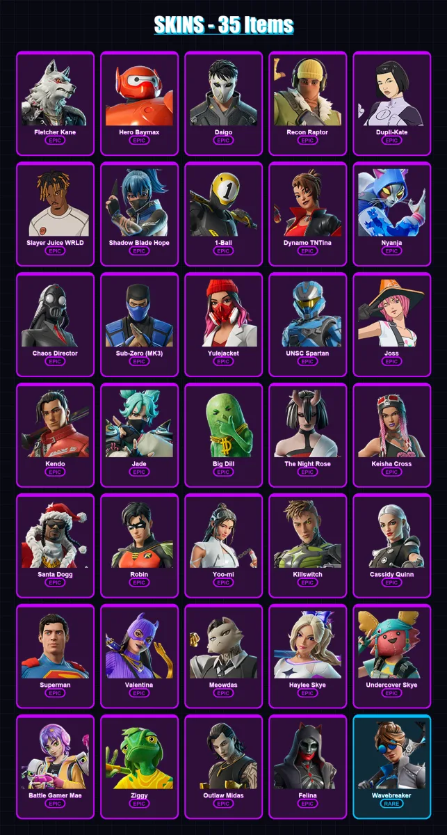[PC/XBOX/PSN] | Fletcher Kane | Hero Baymax | Daigo | Recon Raptor | Dupli-Kate | 35 skin | 77 pickaxe | 40 emote | 52 glider | Lv752