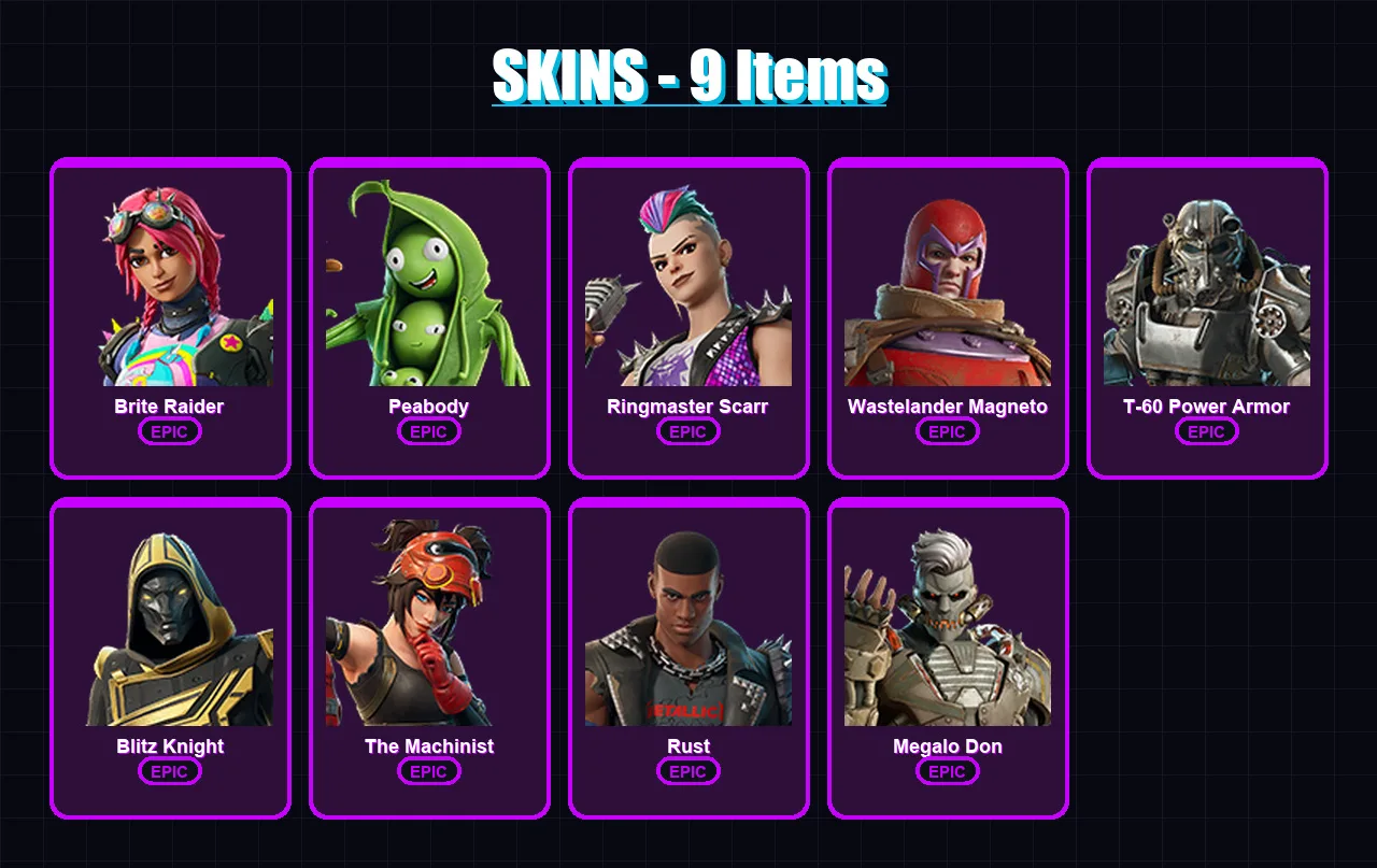 [PC/PSN] | Brite Raider | Peabody | Ringmaster Scarr | Wastelander Magneto | T-60 Power Armor | 9 skin | 17 pickaxe | 9 emote | 16 glider | Lv224