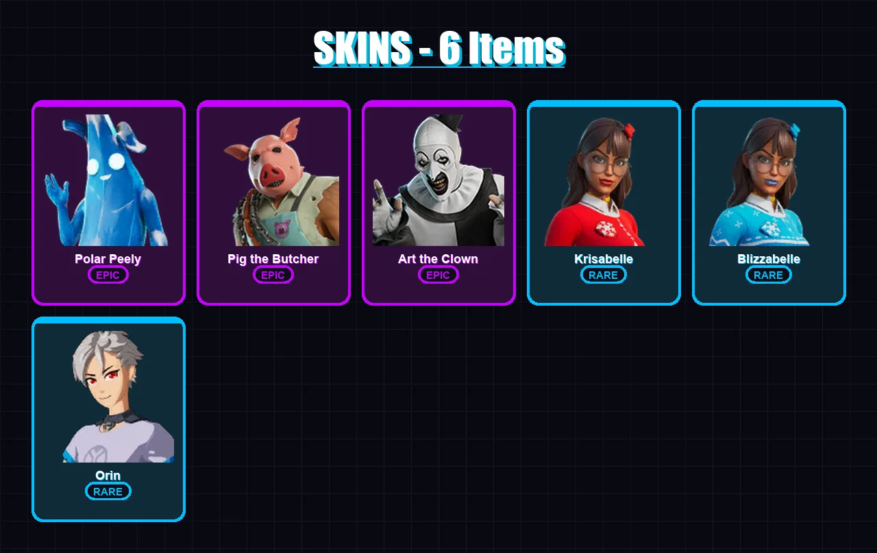 [PC/PSN] | Polar Peely | Pig the Butcher | Art the Clown | Krisabelle | Blizzabelle | 6 skin | 14 pickaxe | 12 emote | 11 glider | Lv170