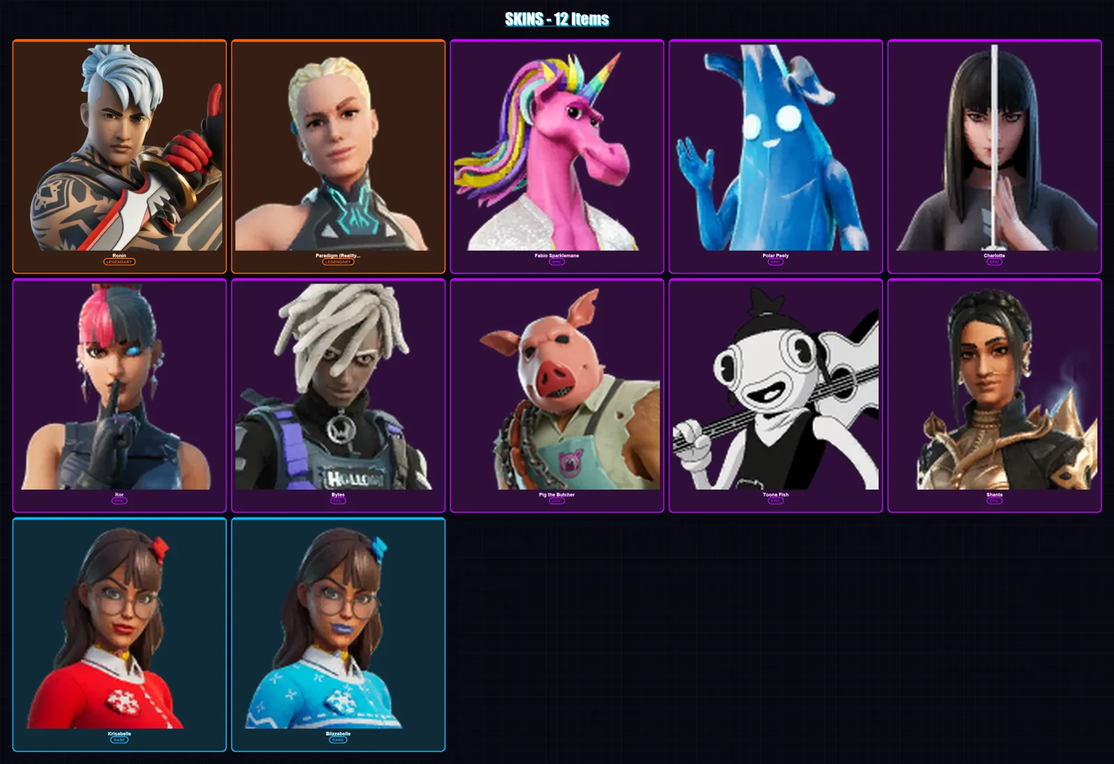 [PC/XBOX/PSN] | Ronin | Paradigm (Reality-659) | Fabio Sparklemane | Polar Peely | Charlotte | 12 skin | 20 pickaxe | 11 emote | 22 glider | Lv195