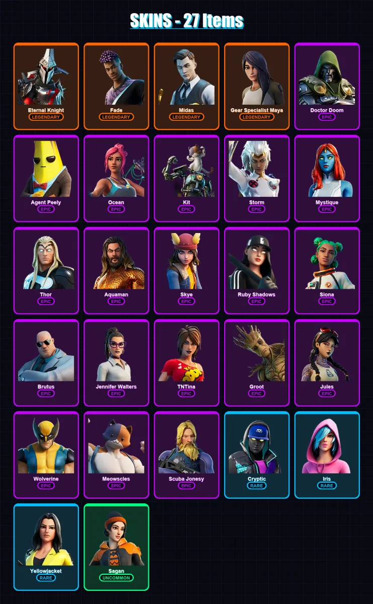 [PC/XBOX] | Eternal Knight | Fade | Midas | Gear Specialist Maya | Doctor Doom | 27 skin | 49 pickaxe | 26 emote | 45 glider | Lv563