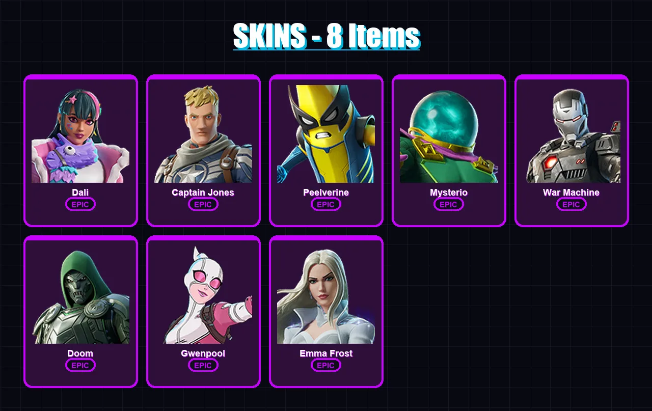 [PS4/PS5/PC] | Dali | Captain Jones | Peelverine | Mysterio | War Machine | 8 skin | 14 pickaxe | 11 emote | 13 glider | Lv115
