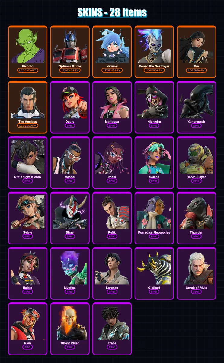 [PS4/PS5/XBOX/PC] | Piccolo | Optimus Prime | Nezumi | Renzo the Destroyer | Era | 28 skin | 46 pickaxe | 31 emote | 42 glider | Lv572
