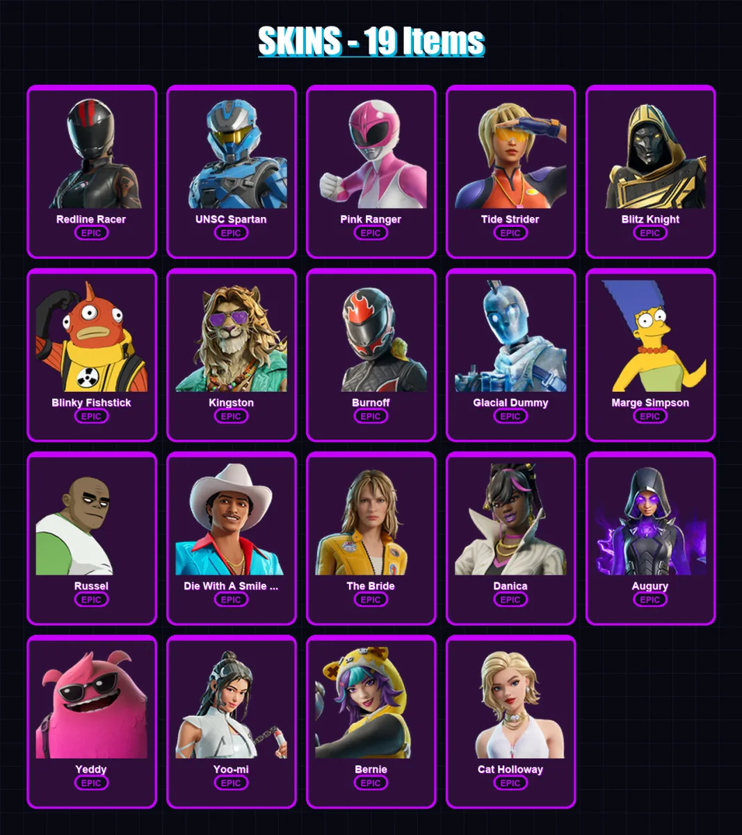 [PC/XBOX/PSN] | Redline Racer | UNSC Spartan | Pink Ranger | Tide Strider | Blitz Knight | 19 skin | 35 pickaxe | 19 emote | 19 glider | Lv146