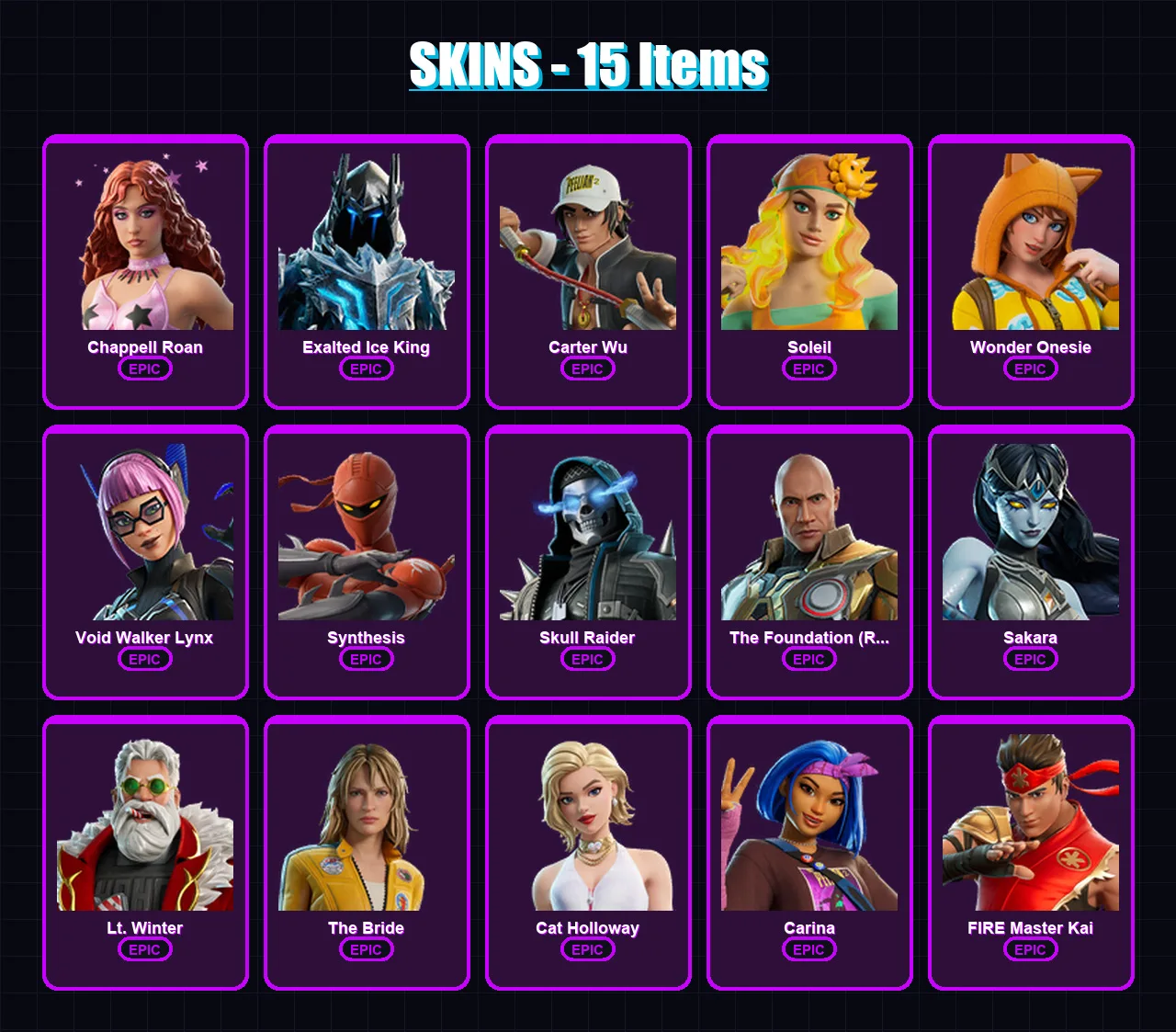 [PC/XBOX/PSN] | Chappell Roan | Exalted Ice King | Carter Wu | Soleil | Wonder Onesie | 15 skin | 17 pickaxe | 11 emote | 11 glider | Lv50