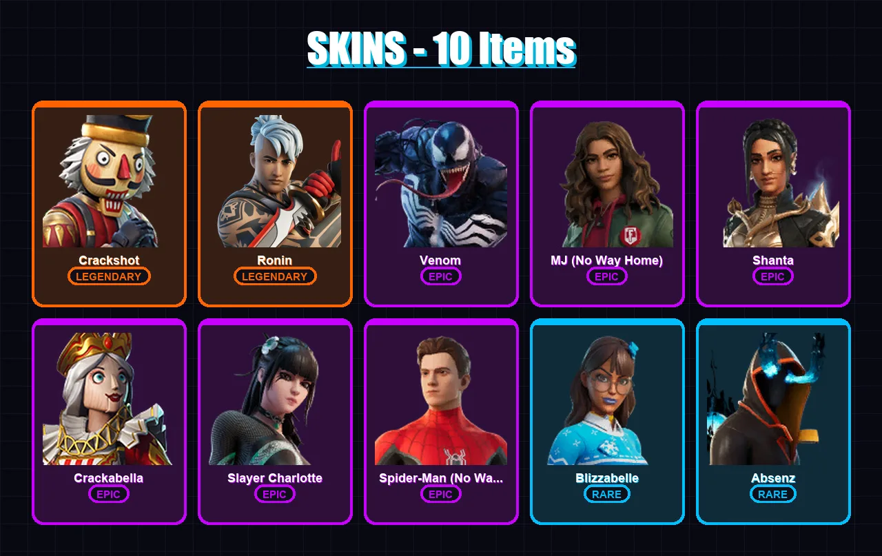 [PC/XBOX] | Crackshot | Ronin | Venom | MJ (No Way Home) | Shanta | 10 skin | 19 pickaxe | 7 emote | 14 glider | Lv118