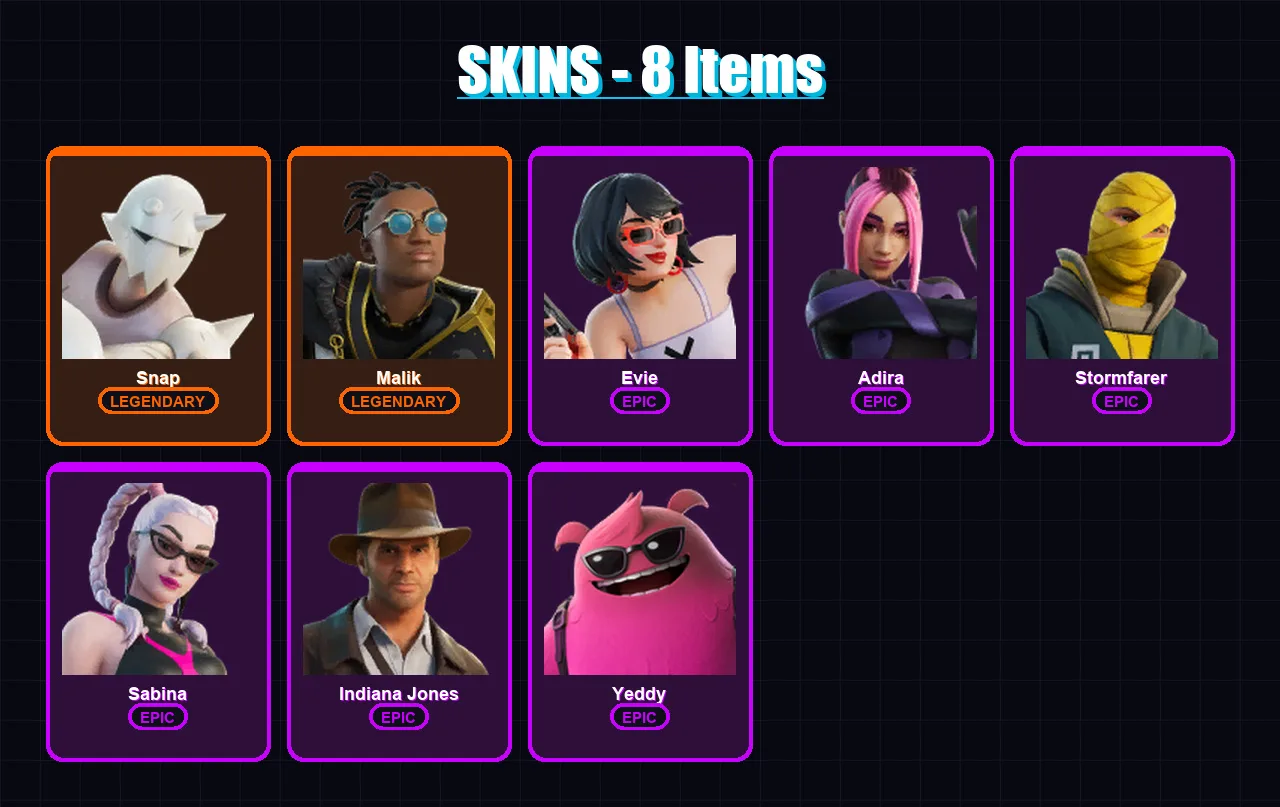 [PC/XBOX/PSN] | Snap | Malik | Evie | Adira | Stormfarer | 8 skin | 27 pickaxe | 17 emote | 30 glider | Lv395