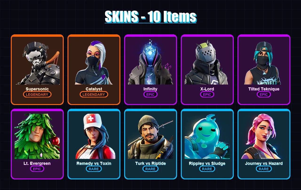 [PS4/PS5/XBOX/PC] | Supersonic | Catalyst | Infinity | X-Lord | Tilted Teknique | 10 skin | 9 pickaxe | 17 emote | 12 glider | Lv100