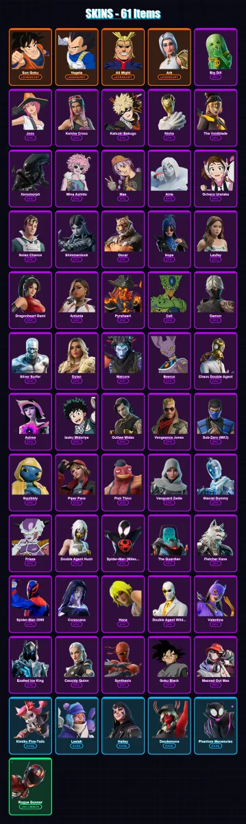 [PC/XBOX/PSN] | Son Goku | Vegeta | All Might | Ark | Big Dill | 61 skin | 88 pickaxe | 50 emote | 53 glider | Lv564