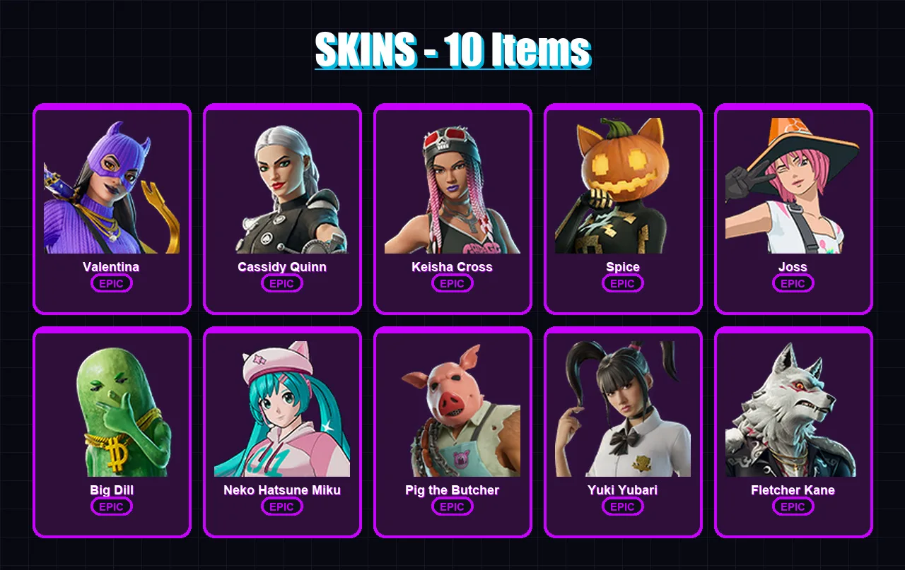 [PC/XBOX/PSN] | Valentina | Cassidy Quinn | Keisha Cross | Spice | Joss | 10 skin | 31 pickaxe | 18 emote | 20 glider | Lv253 — Fortnite account
