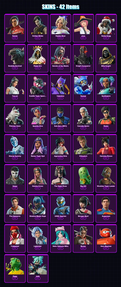 [PC/XBOX/PSN] | Kendo | Outlaw Midas | Haylee Skye | Joss | Santa Dogg | 42 skin | 70 pickaxe | 58 emote | 54 glider | Lv668