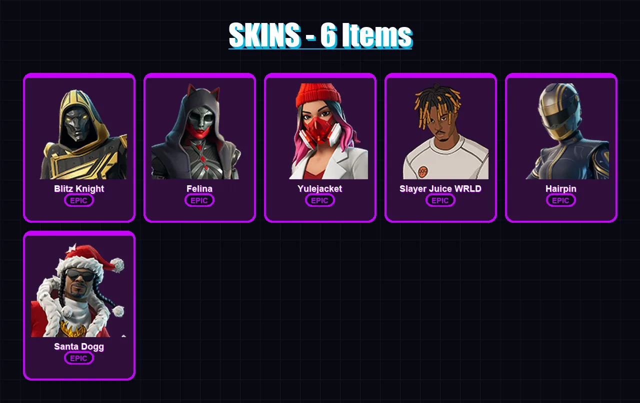 [PC/XBOX/PSN] | Blitz Knight | Felina | Yulejacket | Slayer Juice WRLD | Hairpin | 6 skin | 33 pickaxe | 13 emote | 21 glider | Lv422