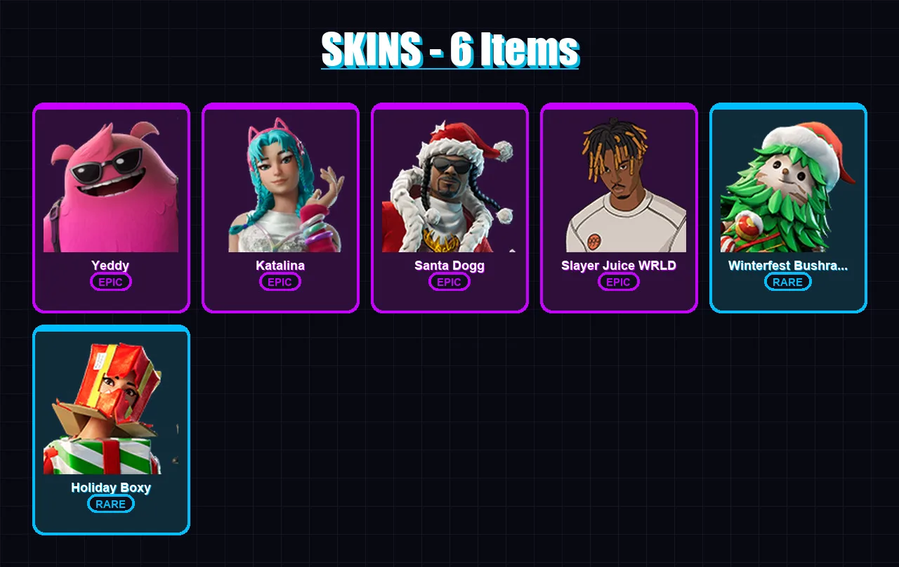 [PC/PSN] | Yeddy | Katalina | Santa Dogg | Slayer Juice WRLD | Winterfest Bushranger | 6 skin | 12 pickaxe | 3 emote | 9 glider | Lv67