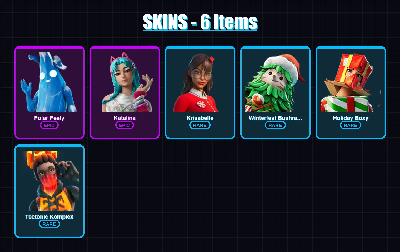 [PC/XBOX/PSN] | Polar Peely | Katalina | Krisabelle | Winterfest Bushranger | Holiday Boxy | 6 skin | 22 pickaxe | 16 emote | 17 glider | Lv332